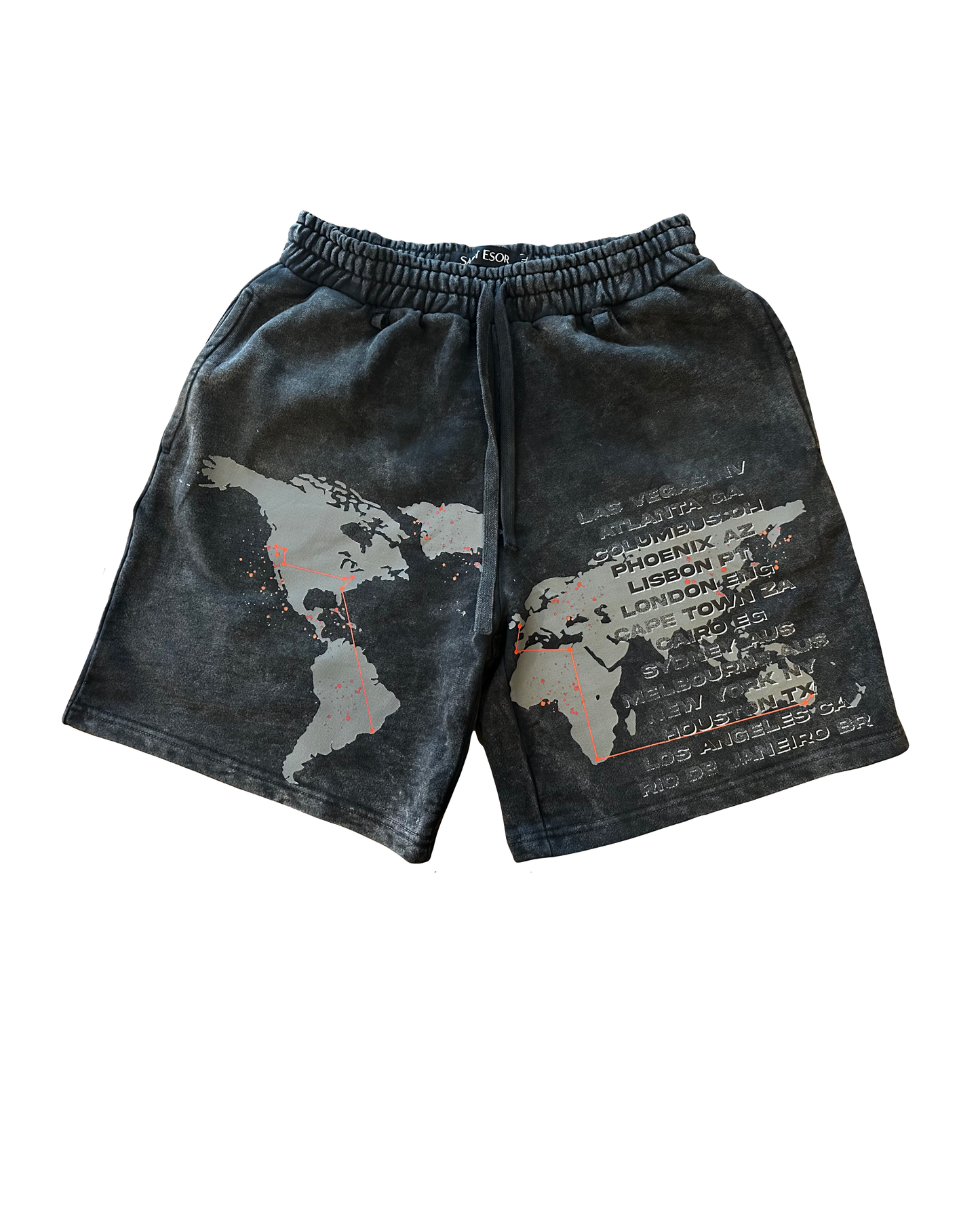 Saint Esor World Tour Shorts - front, world map route print with wallet chain loops