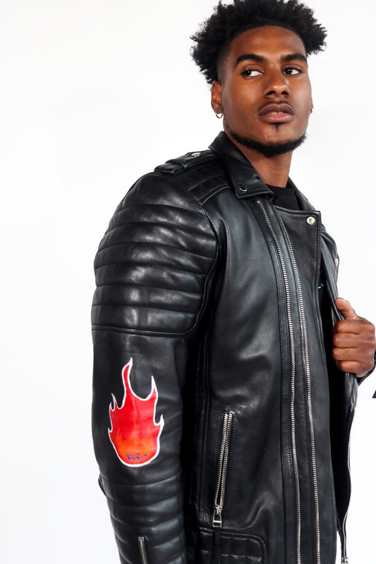 Burning Skull Head Painted Biker Jacket | Saint Esor